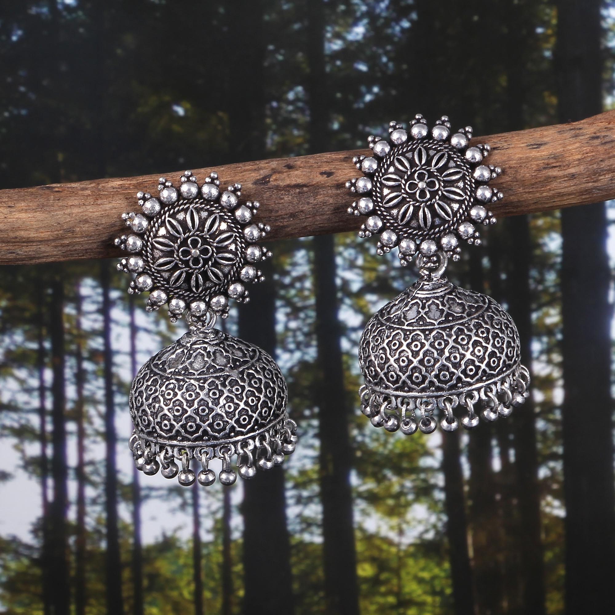 Oxidized German Silver Sunflower Studs Dangle Drop Jhumka Jhumki