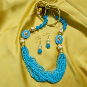 Sky Blue Beaded Indian Necklace Earrings Set: Traditional Maala Jewelry
