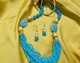 Sky Blue Beaded Indian Necklace Earrings Set: Traditional Maala