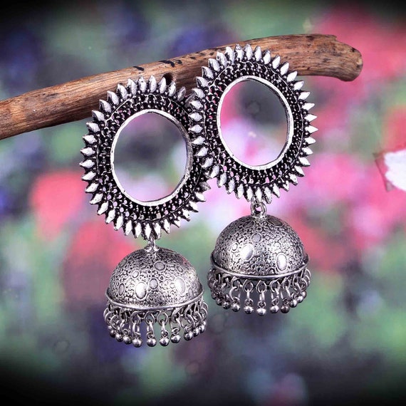 Buy Bollywood Oxidized German Silver Plated Round Circle Stud Big