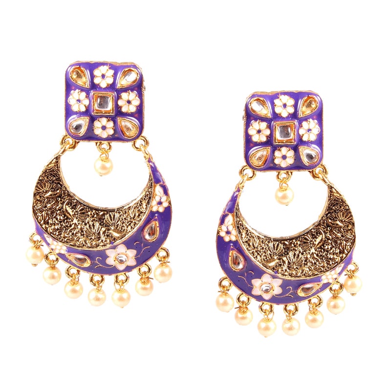 Gold Plated Enamel Earrings with Kundan polki jewelry Indian Bollywood Statement Style image 3