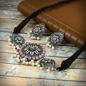 Oxidized Silver Plated Jewelry Set: Thread Choker Necklace, Earrings