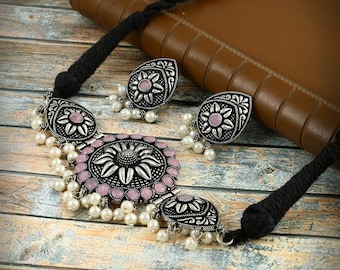 Oxidiertes Silber Schmuck Set: Faden Halskette, Ohrringe