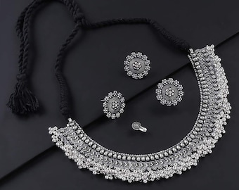 Bollywood Oxidized Silver Plated Party wear Adjustable Thread Choker Necklace Jewelry set with Studs, Adjustable Ring & Nose Pin