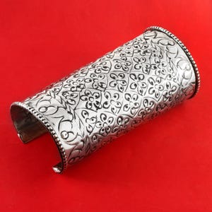 Floral Embossed Silver Cuff Bracelet: Boho Festival Jewelry