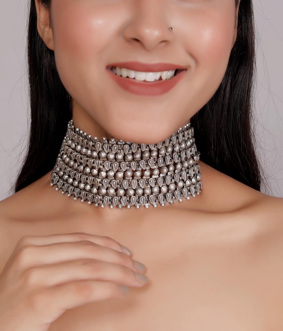 Handmade Oxidized Silver Tribal Choker Necklace, Boho Statement