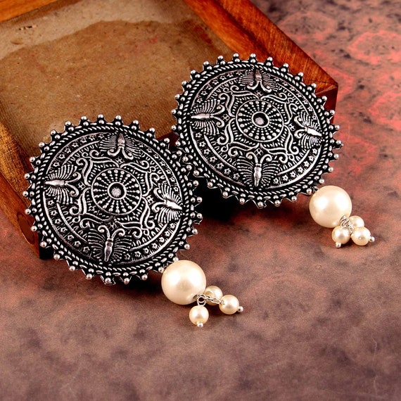 Chandbali Oxidised Silver Jhumka Jhumki Earring, Long Earrings, Black  Polish Indian Stone Earrings, Pearl Earring, Handmade Temple Earring - Etsy