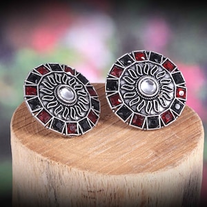 Oxidized Silver Plated Bollywood Stud Earrings: Red & Black Stone