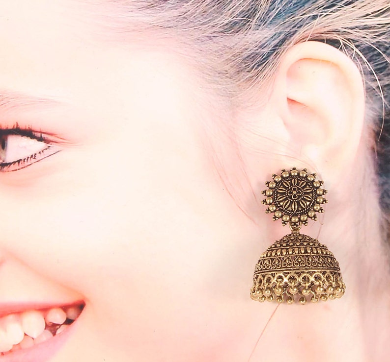Geoxideerde vergulde zon studs lichtgewicht grote Jhumka Jhumki oorbellen sieraden vrouwen afbeelding 2