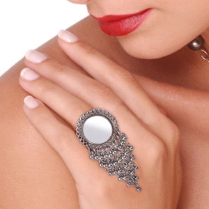 Bollywood Mirror Ring: Oxidized Silver Plated Adjustable Statement Ring