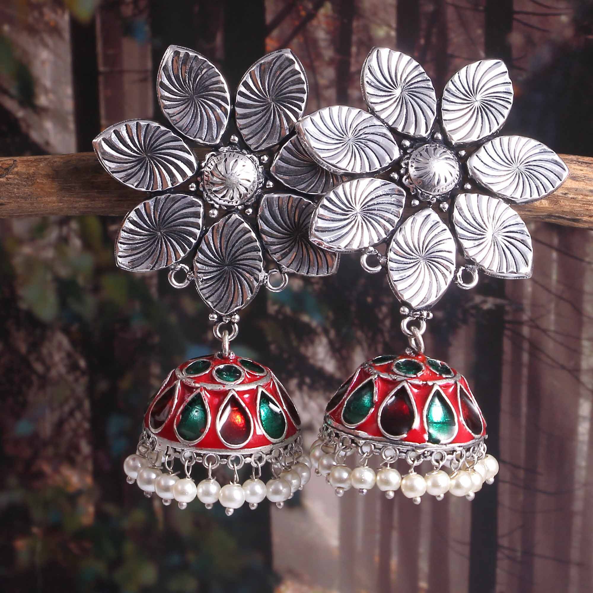 Boucles D'oreilles Jhumka Meenakari - Plaqué Or Oxydé - Ethnique Inde - Femme/Fille