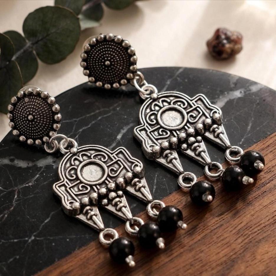 Oxidized Silver Chandelier Earrings, Black Onyx Beads, Tribal Boho