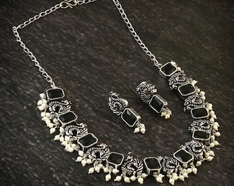 Oxidized Silver Peacock Necklace Set: Black Stone & Pearl Indian Jewelry