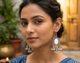 Oxidierte Spiegel Jhumka Ohrringe, indische Boho Perle Statement Schmuck