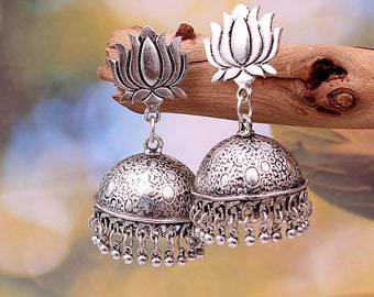 Duits verzilverd Lotus ontwerp Indiase etnische Jhumka Jhumki oorbellen sieraden voor vrouwen en meisjes #GSDMAL