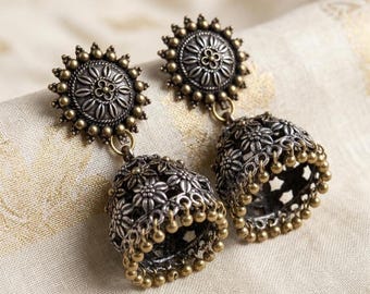 Oxidized Silver Jhumka Earrings, Tribal Floral Indian Jewelry, Antique Statement Drops
