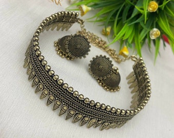 Oxidized Jewelry Gold Plated Handmade Designer Jewellery set/ Party wear Jewelry set/ Oxidized choker necklace earrings jhumka jhumki