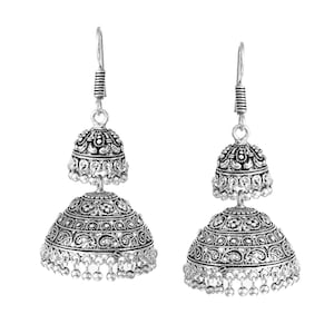Bollywood oxidierte silberne handgemachte indische Designer Step up Big Jhumka Jhumki ethnische Ohrringe Schmuckfrauen