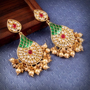 Oxidierte Vergoldete Kundan Ohrringe: Meenakari Perle Bollywood Schmuck