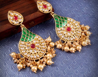 Set Gioielli Indiano Moda - Collana E Orecchini In Oro Con Perle E Cubic Zirconia