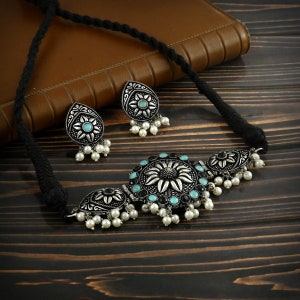 Oxidized Silver Plated Choker Necklace Earring Set: Bollywood Thread Jewelry