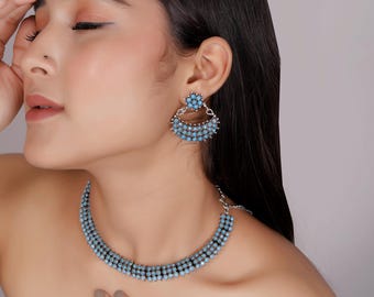 Conjunto de joyas bañadas en plata oxidada, collar gargantilla y pendientes, conjunto de joyas de piedra azul cielo
