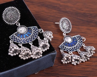 Oxidized Silver Plated Meenakari Jhumka Jhumki Party Wear Indian Earrings for women