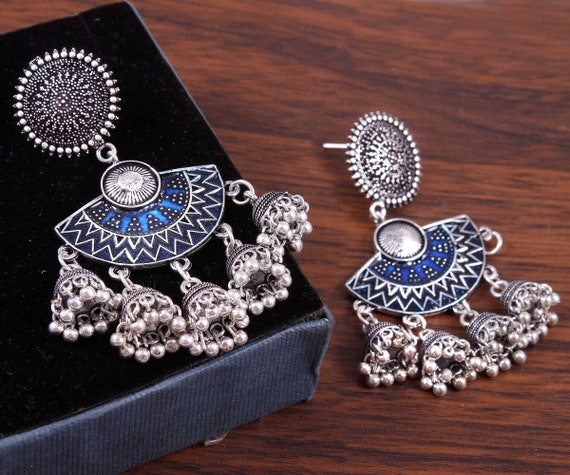 Oxidized Silver Plated Meenakari Jhumka Jhumki Party Wear Indian