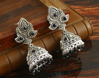 Oxidized Silver Plated Jhumka Earrings: Black Beaded Party Jewelry