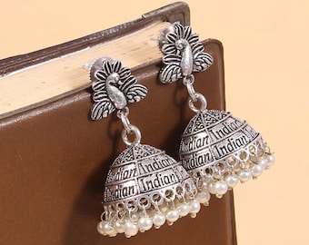 Oxidized Silver Peacock Jhumka Earrings: Indian Pearl Jhumki
