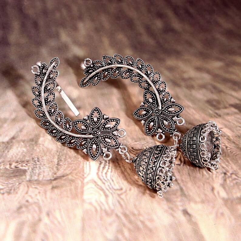 Silver Plated Handmade Flower Design Earcuff Jhumka Jhumki Etsy