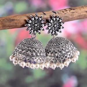 Oxidierte Silber überzogene Big Jhumka Jhumki Ohrringe Schmuck Frauen
