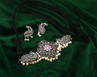 Oxidiertes Silber Schmuckset: Faden Choker Halskette & Ohrringe