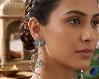 Oxidized Silver Peacock Jhumka Earrings, Dual Hanging, Traditional Tribal Indian Jewelry