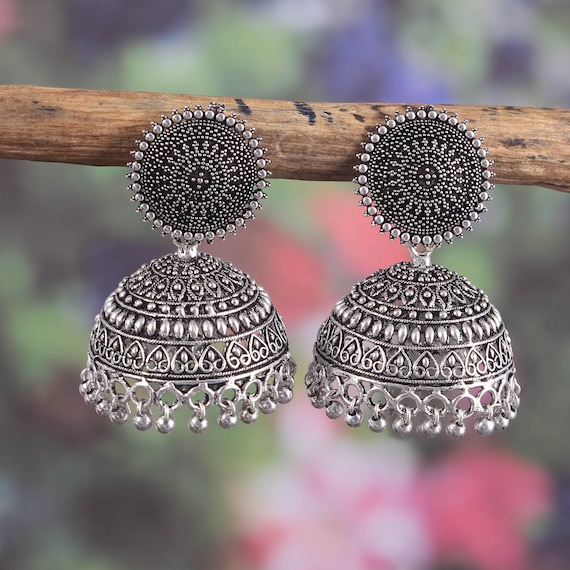 Buy Baby Pink Stone and Pearls German Silver Oxidised Jhumka Earrings – The  Jewelbox