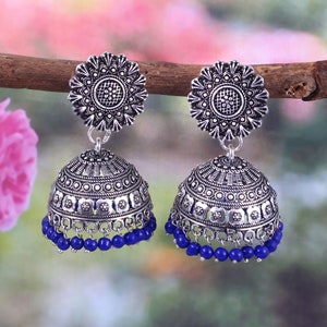 Bollywood oxidiert versilbert Licht Gewicht Blau Perlen groß Jhumka Jhumki Ohrringe Schmuck Frauen Blau