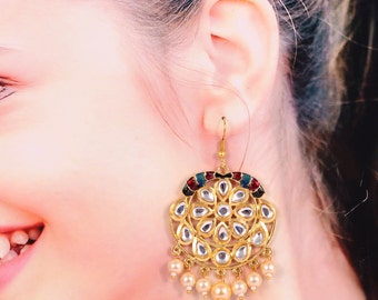 Boucles D'oreilles Indiennes Jhumka Kundan Ghazi - Plaqué Or, Perles Rouges, Dans Coffret Cadeau