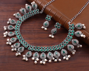 Oxidized Silver Plated Necklace Earring Set: Green Stone Indian Jewelry