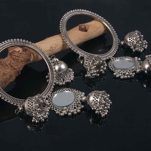 Oxidized Silver Jhumka Bangles: Bollywood Tribal Jewelry (Set of 2)