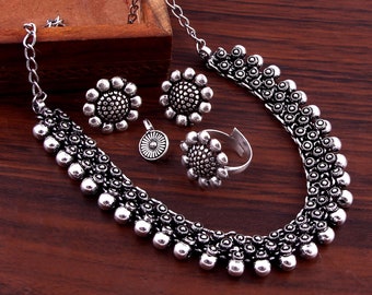 Bollywood Oxidized Silver Plated handmade Party wear Jewelry set Choker Necklace with Studs, Adjustable Ring & Nose Pin for women