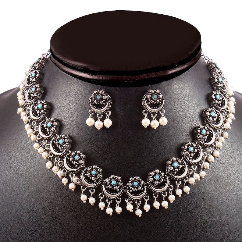 Oxidized Silver plated Wedding Party wear Jewelry set/ Designer Luxury choker necklace with jhumka jhumki earrings sky-Blue image 2