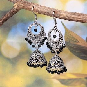 Oxidized Silver Plated Jhumka Earrings: Indian Style, Black Beads