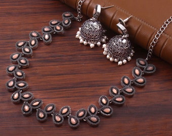 Oxidized Silver Choker Necklace Jhumka Earring Set: Bollywood Party Jewelry