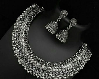 Indian Oxidized Silver Plated Handmade Designer Jewellery set/ Party wear Jewelry set/ Oxidized choker necklace earrings jhumka jhumki