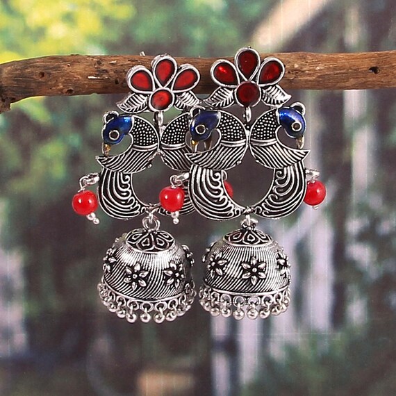 Oxidized Silver Plated Peacock Jhumka Earrings: Indian Party Jewelry
