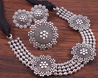 Bollywood Oxidized Silver Plated Party wear Adjustable Thread Choker Necklace Jewelry set for women/ Indian Traditional Jewelry/ Best Gift