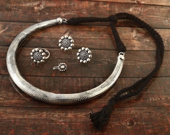 Silver Plated Oxidised Adjustable Thread Hasli Neckace set with earrings ring and nose pin