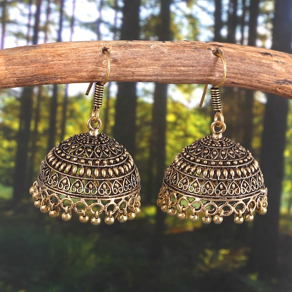 Oxidized Gold Plated Hook Drop Big Jhumka Jhumki Earrings Jewelry