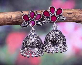 Oxidized Silver Plated Jhumka Earrings: Pink Meena Party Wear