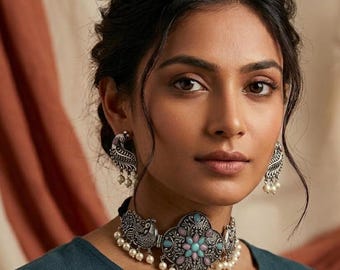 Oxidiertes Silber Schmuckset: Faden Choker Halskette & Ohrringe